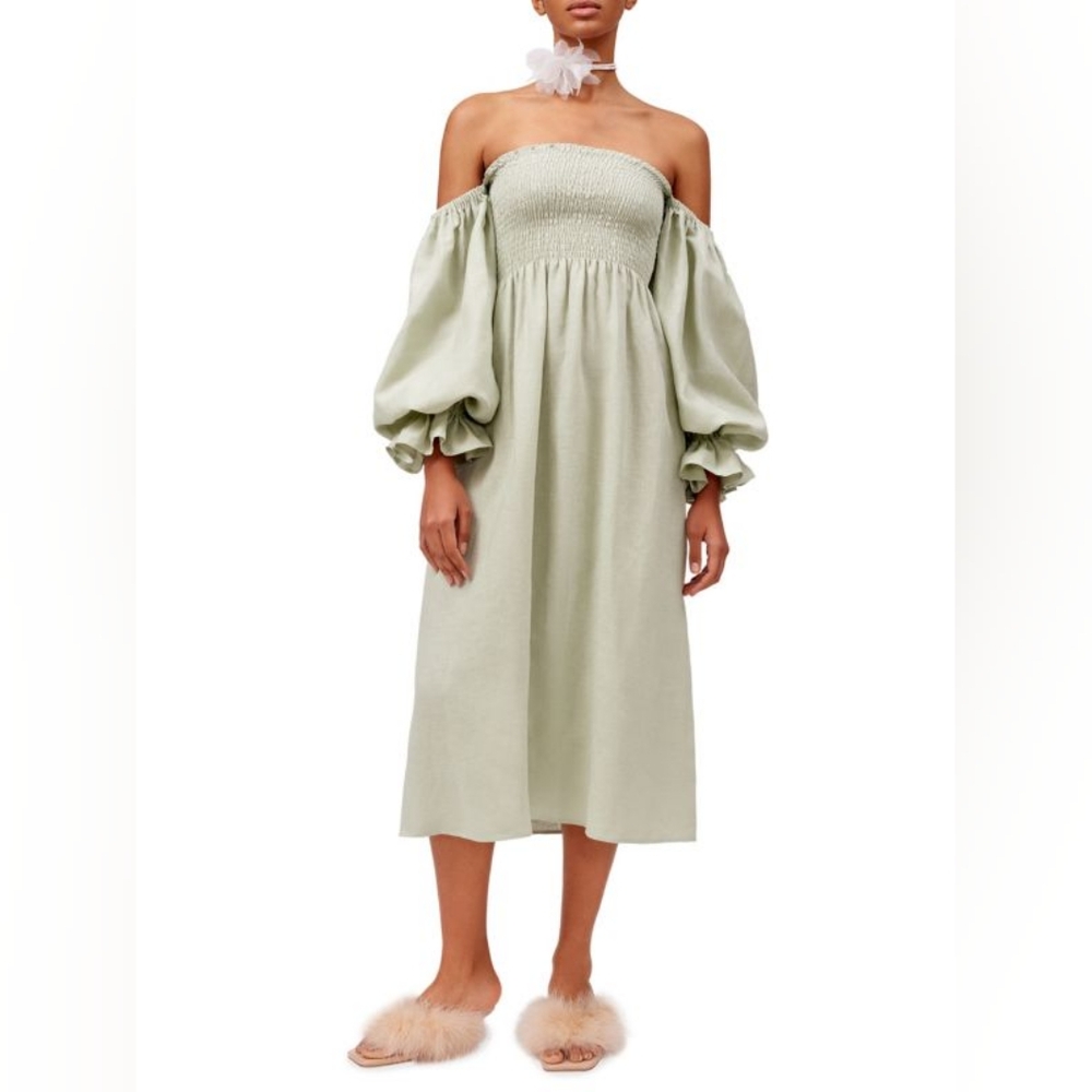Sleeper 100% linen sage green atlanta midi dress, medium - Picture 2 of 14